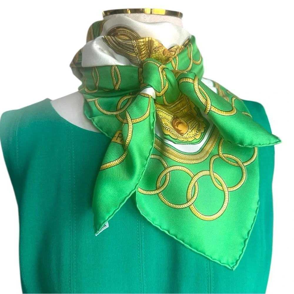 Hermès Paris Green & Gold Military Epaulettes Silk Scarf Carre 90 w/Box - Picture 12 of 13